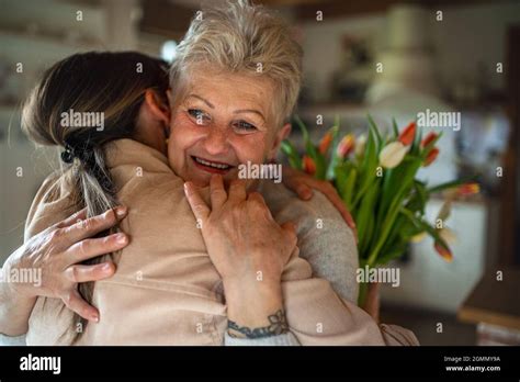 Happy Senior Mother Hugging Adult Daughter Indoors At Home Mothers Day