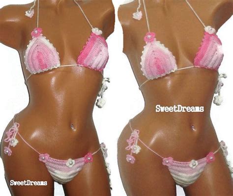 Pink Bikini Knit Lace Bikinis Crochet Bikinis Set Crochet Pink White