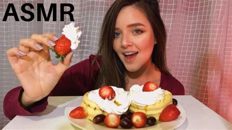 Asmr Waffles With Strawberries Whipedd Cream Mukbang Eating Sounds