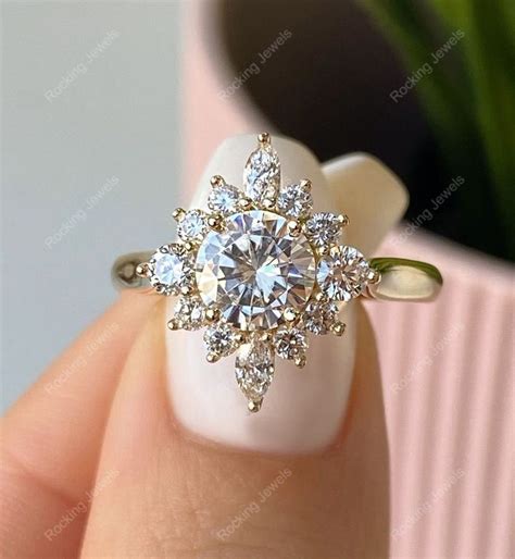 Round Moissanite Halo Engagement Ring Starburst Vintage Ring Unique Gatsby Ring Solid Gold