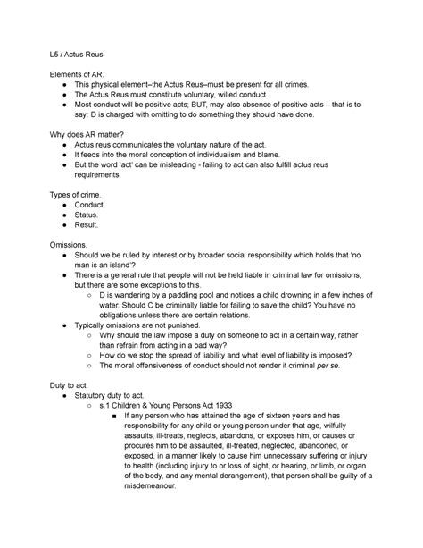 L5 Actus Reus Lecture Notes 5 L5 Actus Reus Elements Of AR This