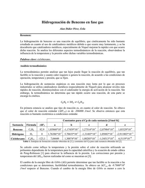 Hidrogenación de Benceno en fase gas