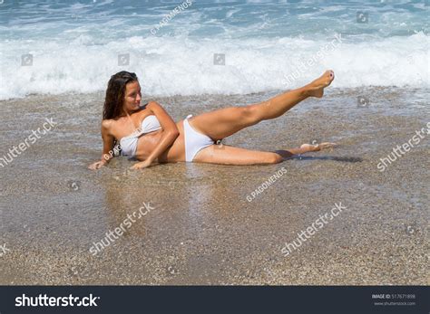 Beautiful Tanned Brunette White Bikini Lying Stock Photo Shutterstock