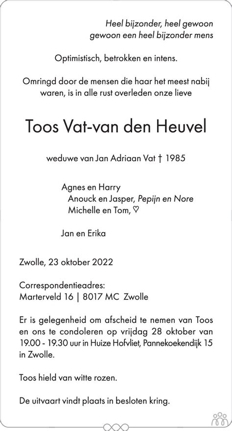 Toos Vat Van Den Heuvel 23 10 2022 Overlijdensbericht En Condoleances