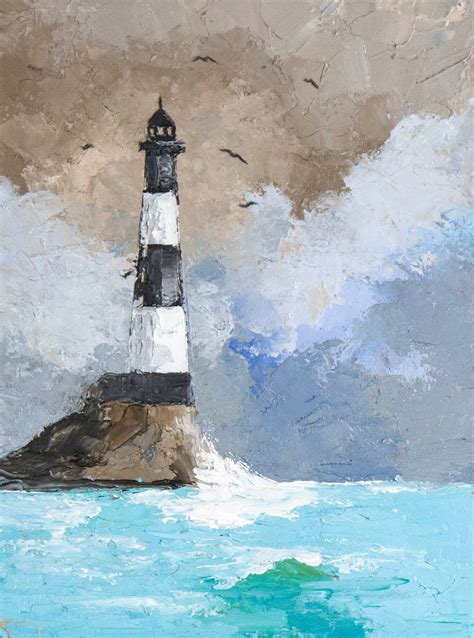 Black Lighthouse Painting Original Art Seascape Artwork Etsy