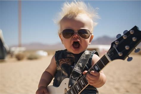 Punk toddler heavy metal in desert with guitar. Generate ai