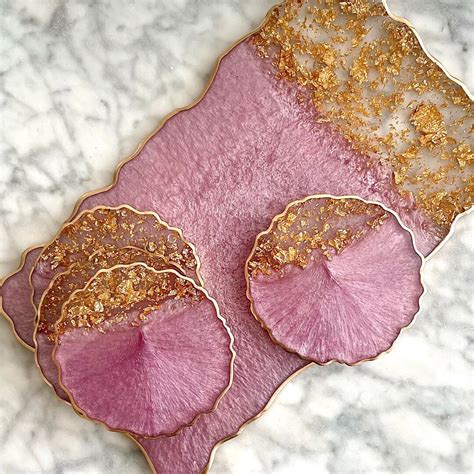 Light Mauve Resin Geode Serving Tray And Coasters Platter Charcuterie