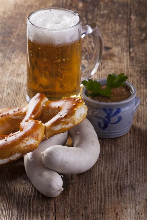 Oktoberfest Menu With Beer White Sausage Pretzel And Radish Stock