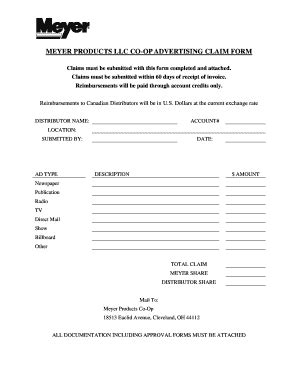 Fillable Online Meyer Products Llc Co Op Advertising Claim Form Fax