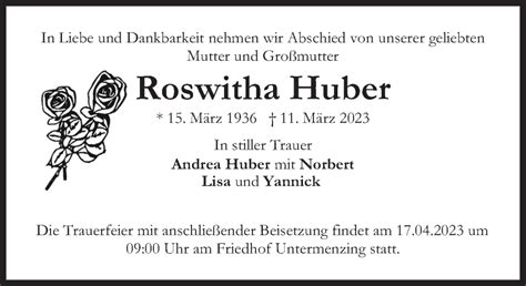 Traueranzeigen Von Roswitha Huber Sz Gedenken De