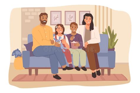 Familia Feliz Sentada En El Sofá Juntos Ver La Película Ilustración del