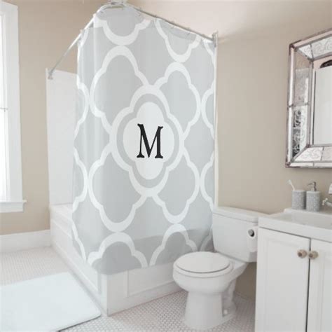 Gray And White Quatrefoil Personalizable Monogram Shower Curtain Zazzle