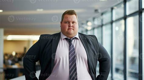 Overweight man in modern office. A fat man in a suit, an office worker ...