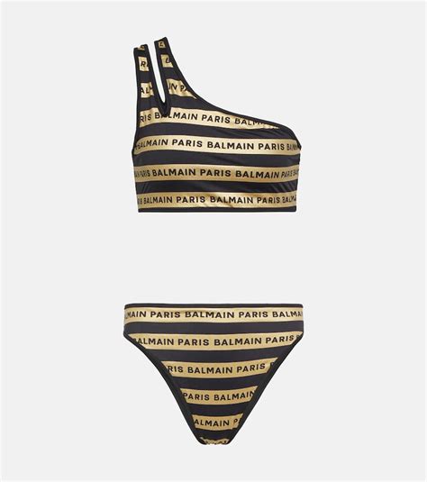 Balmain Rubberized Logo One Shoulder Bikini In Black Gold ModeSens