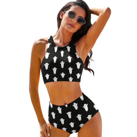 Sexy Funny Ghosts Baw Bikini Swimsuit Boo Halloween Print Retro Swimwear High Waist Bikini Set