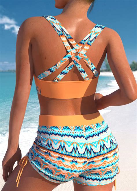 Tribal Print Drawstring Neon Orange Bikini Set Rosewe Usd