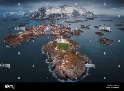 Aerial View Of Village Henningsvaer In Winter A Famous Fishing Village