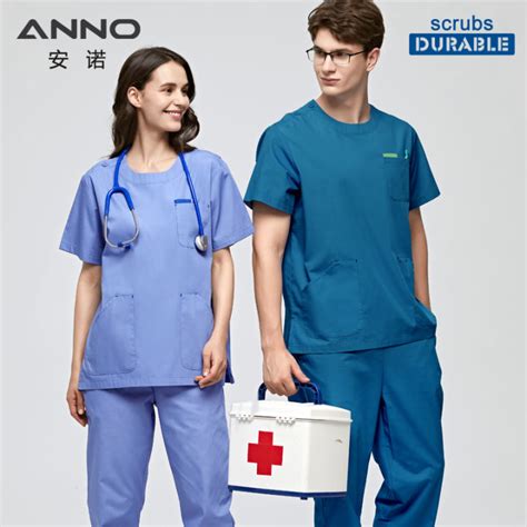 ANNO Blue Nurse Medical Uniform Women Men Scrubs Suit Round Neck ...