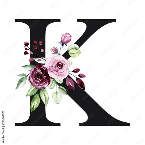 Floral Alphabet Letter K With Watercolor Flowers And Leaves Monogram