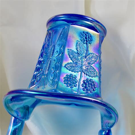 Fenton Sapphire Blue Butterfly And Berry Carnival Glass Two Sides Up Basket Carnival Glass