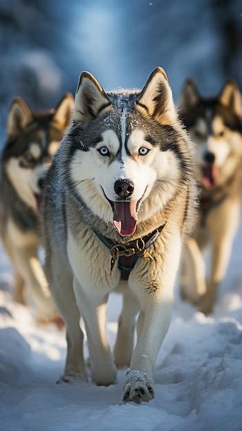 Premium Photo | Four husky sled dogs sprinting down a snowcovered ...