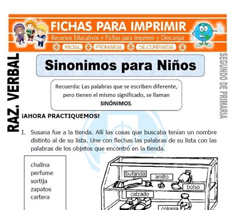 Ficha De Sinonimos Para Niños Para Segundo De Primaria Sinonimos Para Niños Razonamiento