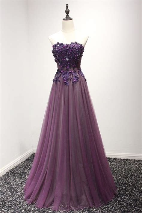 Shop Cheap Purple A Line Sweetheart Floor Length Tulle Prom Dress With Beading Online Cust