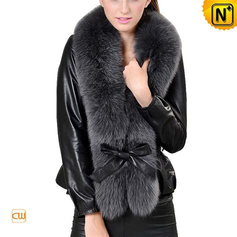 Womens Slim Fox Fur Trimmed Leather Jacket Cw684058 Cwmalls