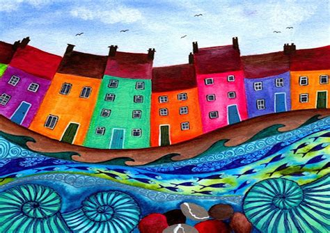 Colourful Town Art Painting Whimsical Art Naive Art