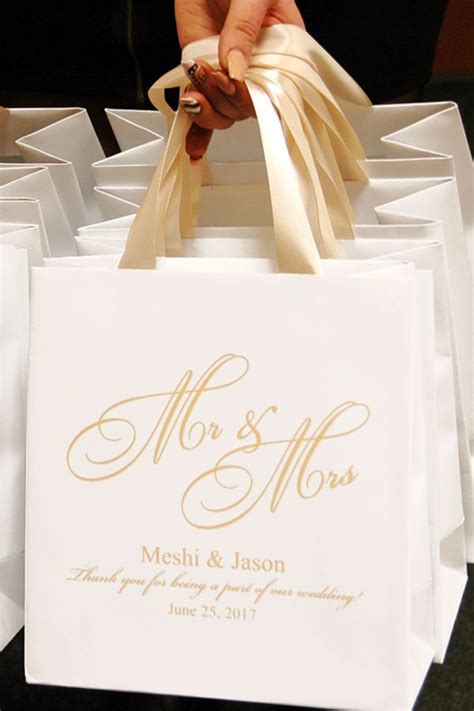 40 Mr Mrs Welcome Bags With Champagne Satin Ribbon And Names