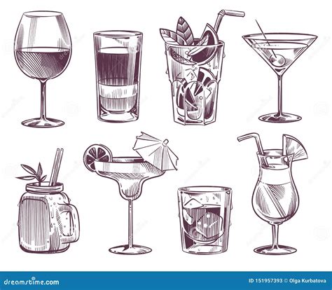 Sketch Cocktails Hand Drawn Cocktail And Alcohol Drink Different