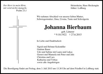 Traueranzeigen Von Johanna Bierbaum Schwarzw Lder Bote Trauer