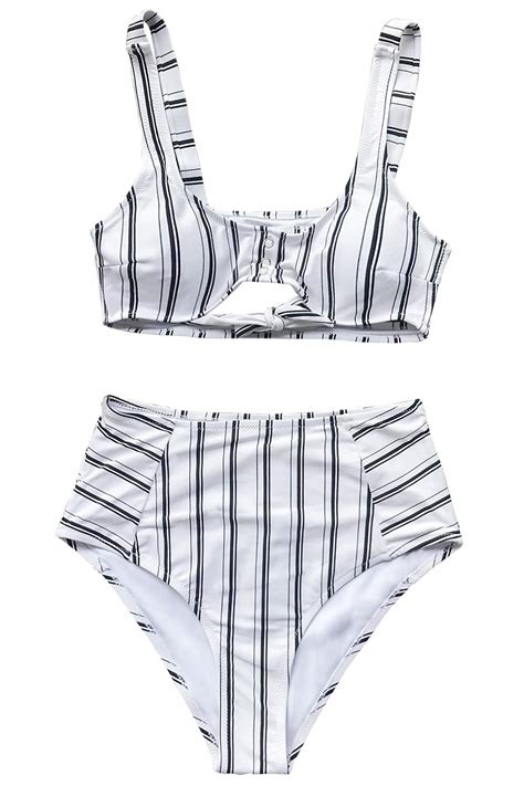 Cupshe Women S Navy White Vertical Stripe Print High Waist Bikini Set Beachwear Central