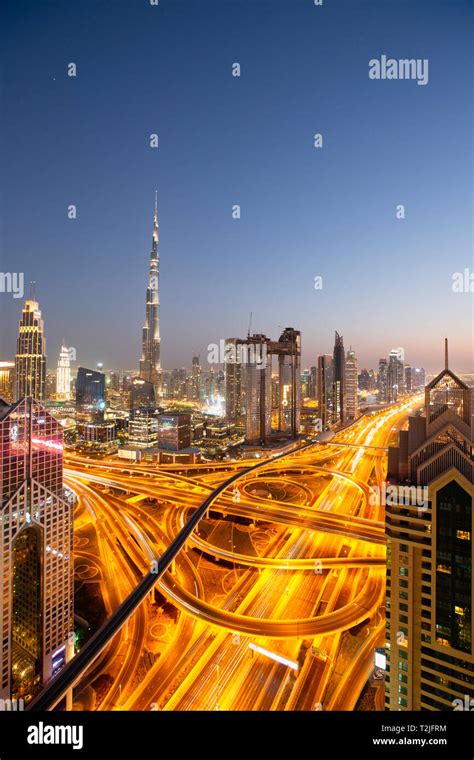 Dubai Sheikh Zayed Road And Burj Khalifa Stock Photo Alamy