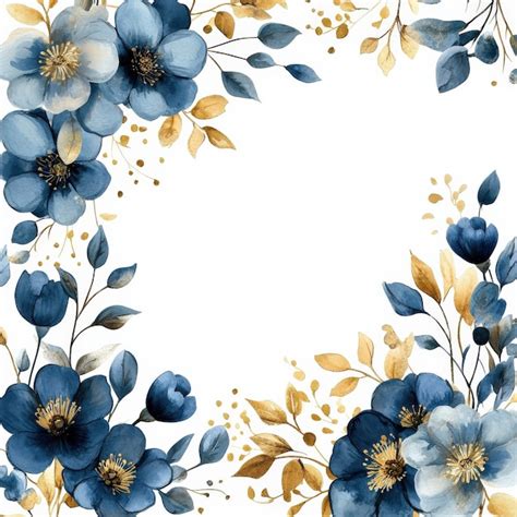 Blue and Gold Watercolor Flowers Elegant Romantic Floral Border ...