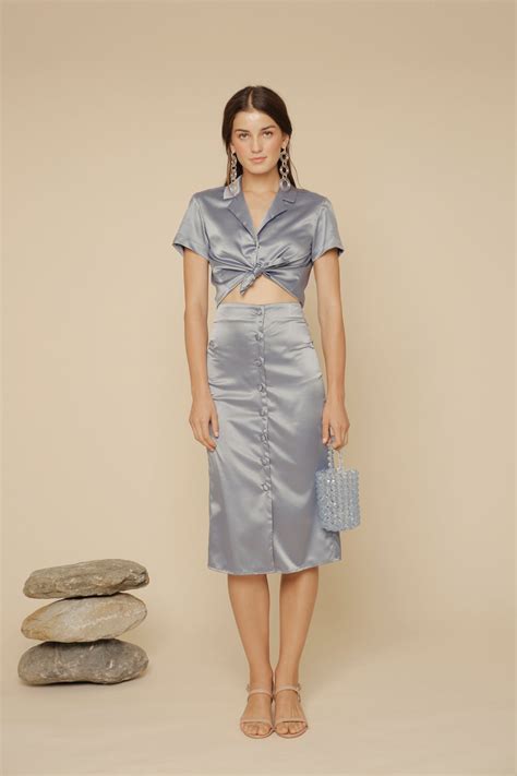 SALOME SKIRT Pencil Skirt with Covered Buttons (Serenity Blue Silk) – Zoo Label