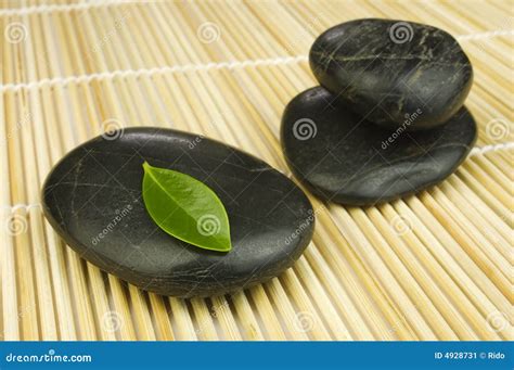 Black Zen Pebbles And Green Leaf Stock Image Image Of Bamboo