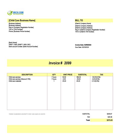 Child Care Invoice Template Excel Worksheets Library