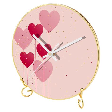 Ownta Pink Hearts Balloon Pattern Round Printed Wall Clocks With Hooks And Gold Stand Silent