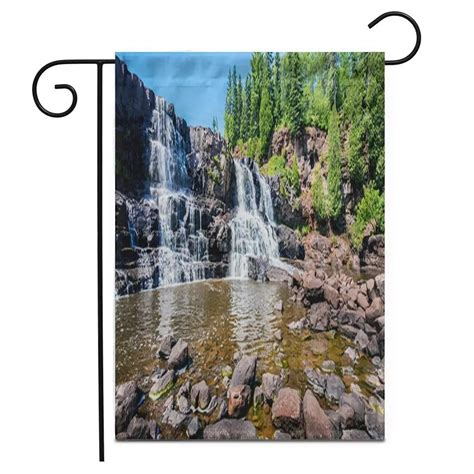 Waterfall Decorative Garden Flag Stream Flowing Forest Rocks Tree