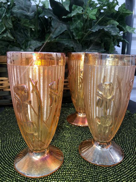 Rare Iris And Herringbone Peach Marigold Set Carnival Glass Cups And Pitcher Unique Vintage