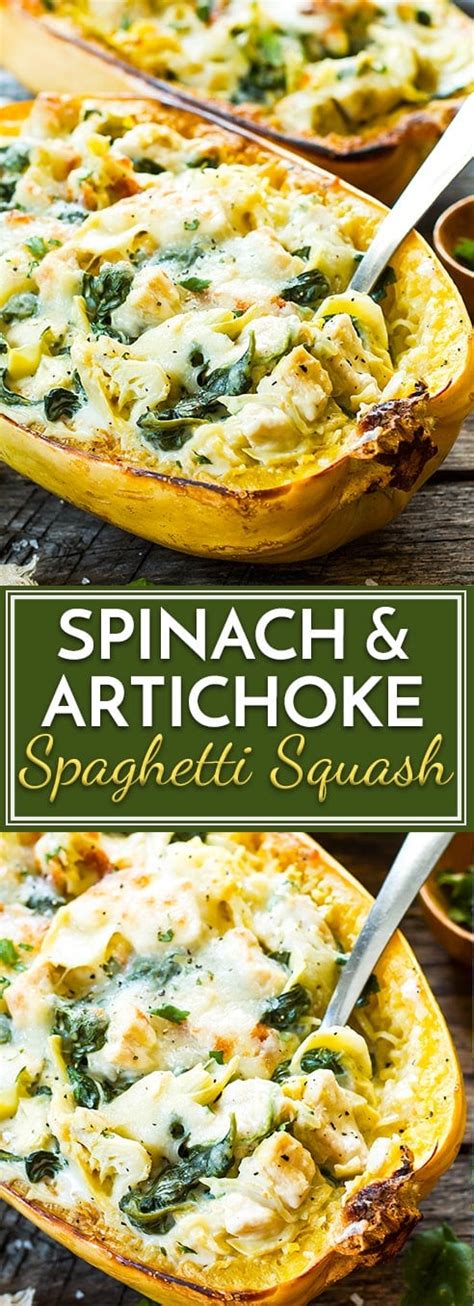 Spinach Artichoke Stuffed Spaghetti Squash With Chicken