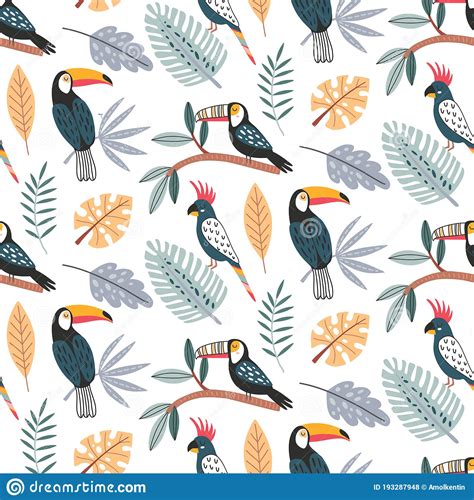 Cute Vector Seamless Pattern With Exotic Birds Parrot Toucan And