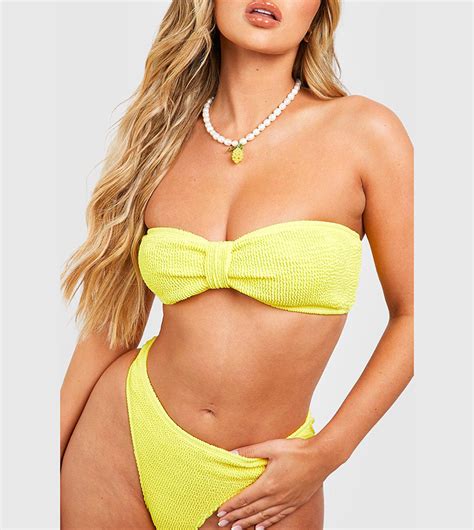 Buy Boohoo Premium Crinkle Knot Bandeau Bikini Set In Yellow