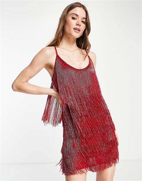 Asos Design Embellished Fringed Mini Dress In Red Asos