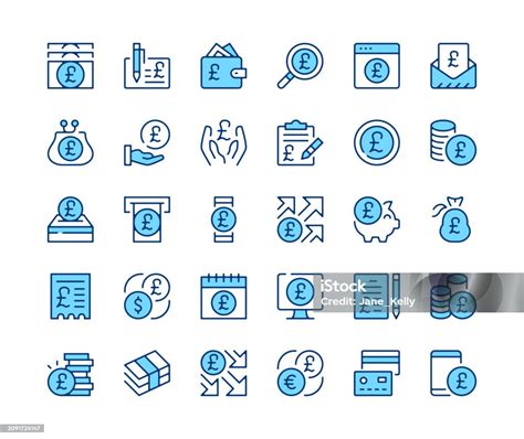 British Pound Sterling Icons Set Vector Line Icons Blue Color Outline