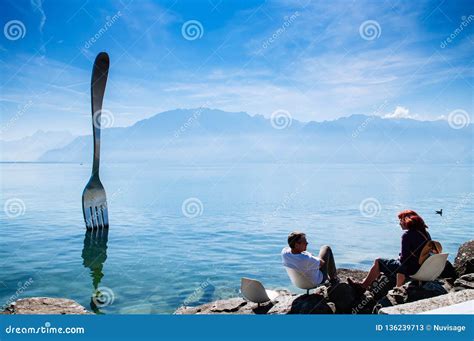 Vevey Cityscape With Aile Castle Taken From Lake Geneva During Summer ...