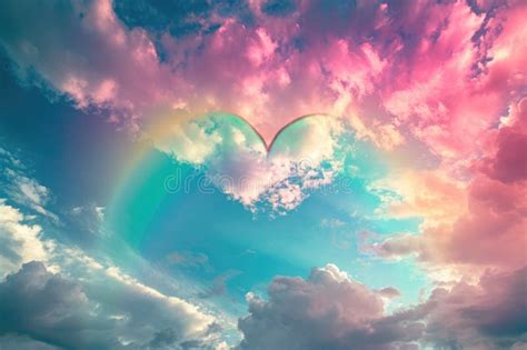 A Heart Shaped Cloud Floats In The Sky With A Vibrant Rainbow Beneath