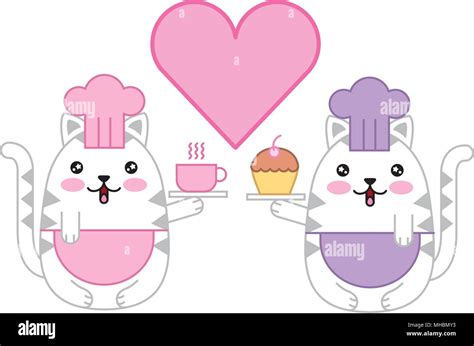 Couple Cute Cats Chefs With Heart Kawaii Character Vector Illustration