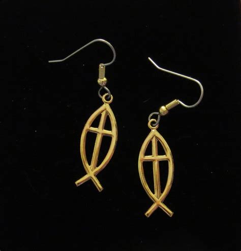 Christian Fish Symbol With Cross Earrings 24 Karat Gold Plate Church ...